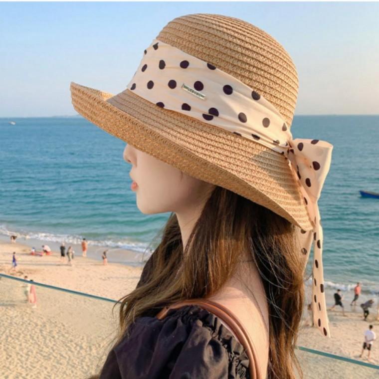 여성 바캉스 썬캡 와이드 도트 리본 롤업 챙 밀짚 모자