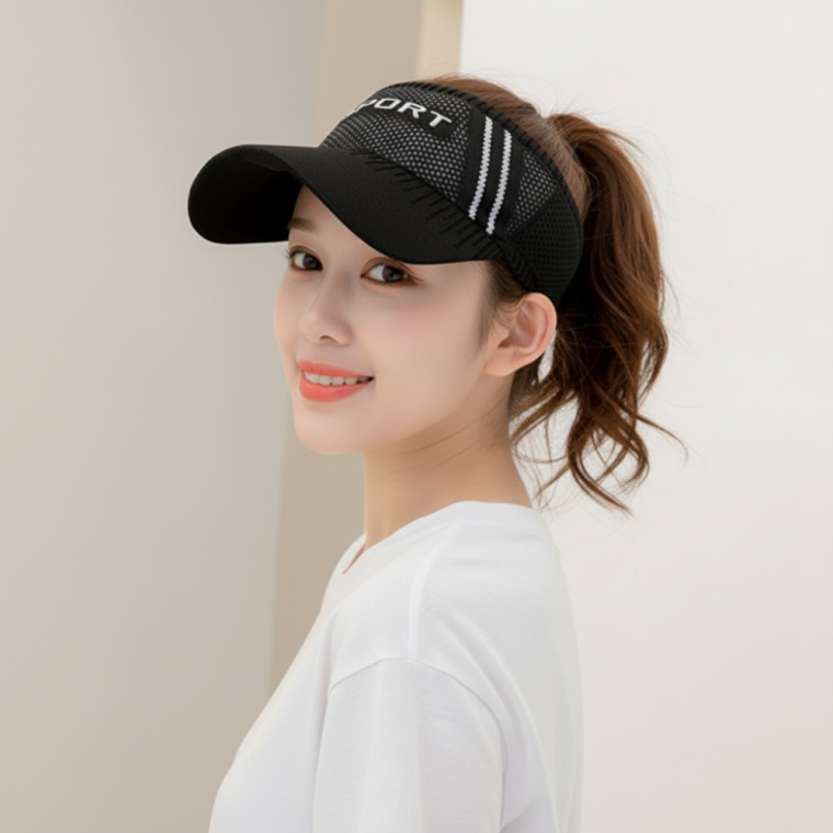 스포츠 밴드형 자외선 차단 모자 블랙 골프 테니스 바이저 썬캡 55-60cm