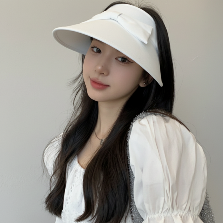 휴대용 리본 와이드 챙 자외선 차단 썬캡 화이트 돌돌이 모자