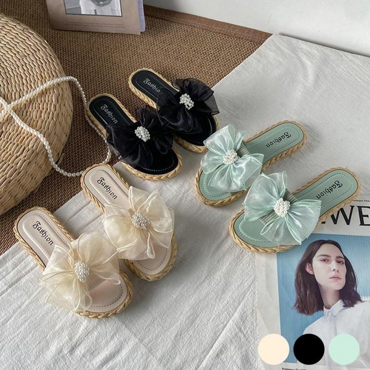 러블리 예쁜 진주 리본 슬리퍼 여자 털슬리퍼 실내 뮬슬리퍼 거실 실내화 남성 샌들