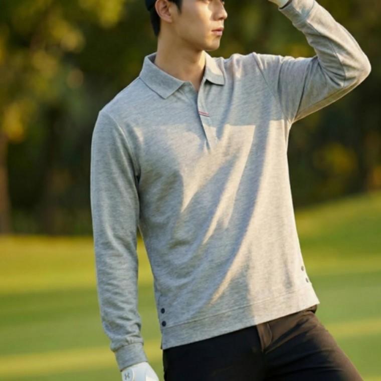 남성 간절기 브이넥 카라 긴팔 밑단 단추 골프 티셔츠