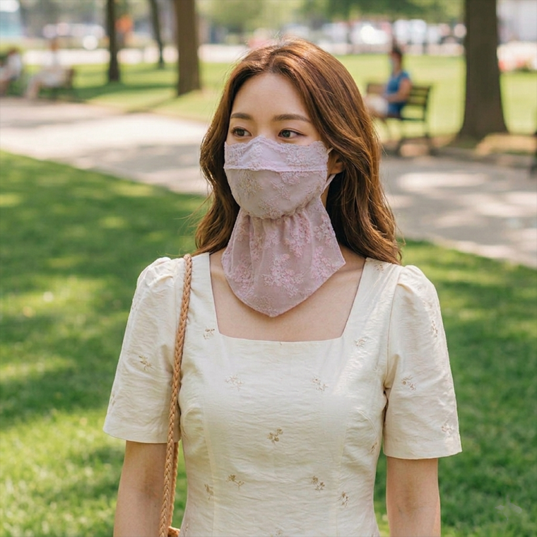 [꿀템박사] 여성 마스크 플라워 자수 천마스크 안면 쿨마스크 골프 얼굴햇빛가리개