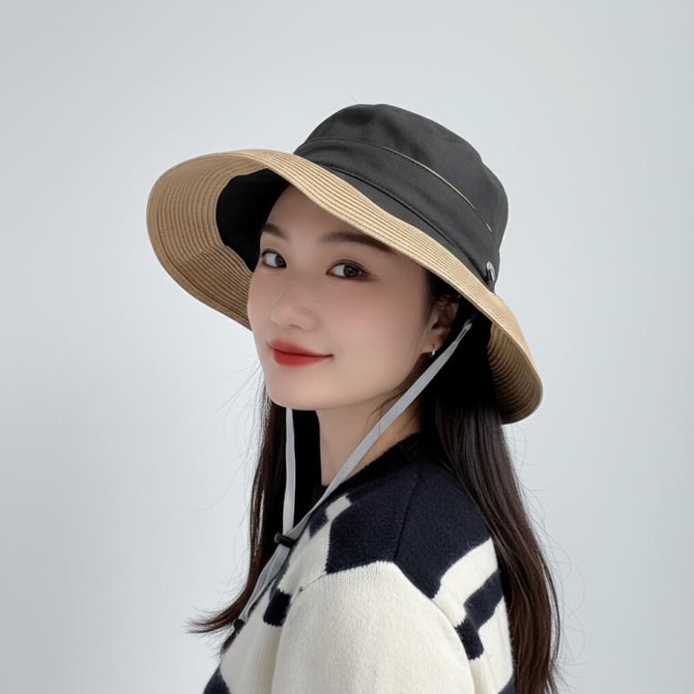 여성 면 버킷햇 차콜 벙거지 모자 끈 조절 사파리 등산 캠핑용