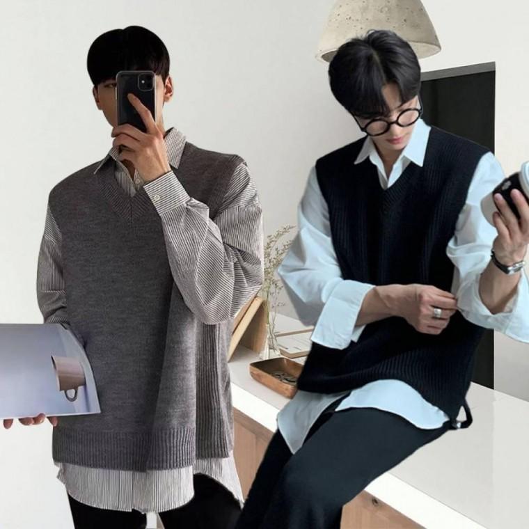 부드러운 소재 남친룩 베이직 레이어드 니트 조끼