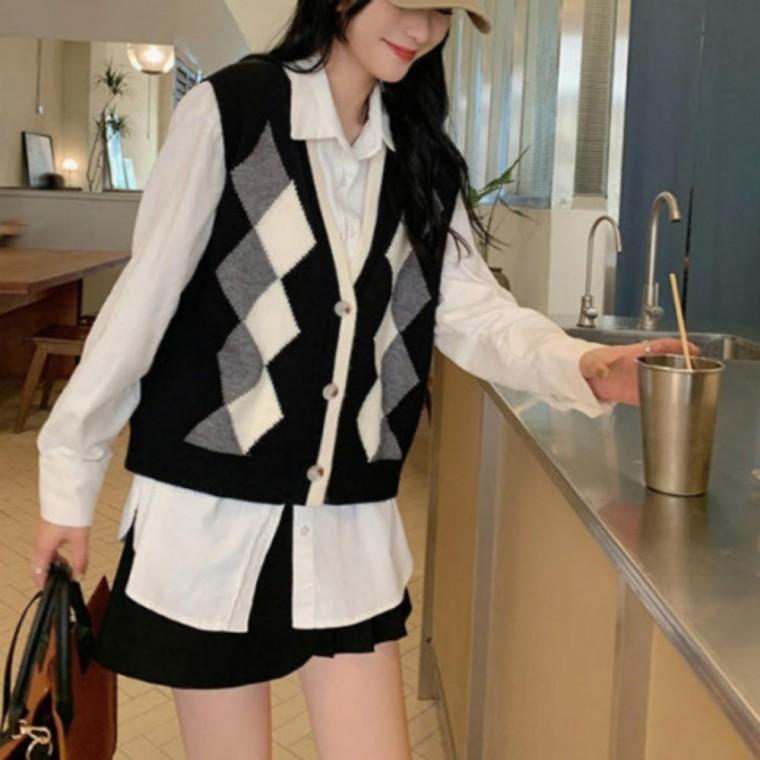 체크 니트 베스트 여성 조끼 여자 바둑무늬