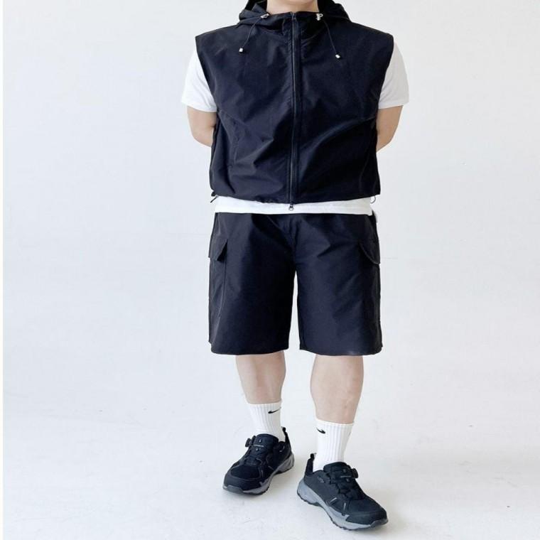 남성용 고프코어 바람막이 조끼 반바지 세트 트레이닝 셋업