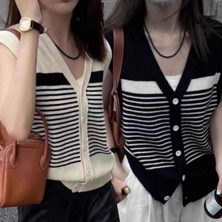 프렌치 무드 스트라이프 니트 조끼 가디건 베스트 레이어드 상의