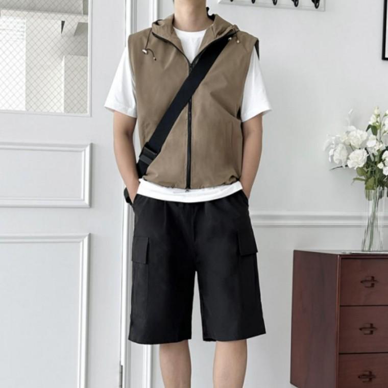 여름 고프코어 바람막이 나일론 후드 조끼 반바지 세트