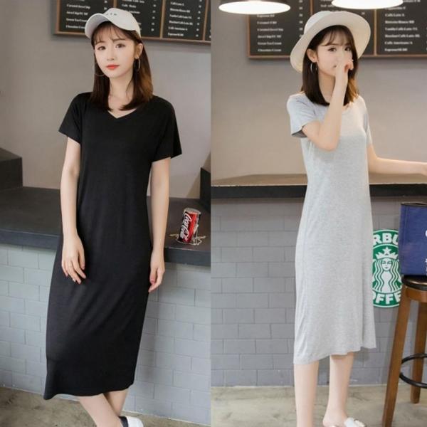 여성 데일리웨어 편한 홈웨어 무지 롱 반팔 원피스