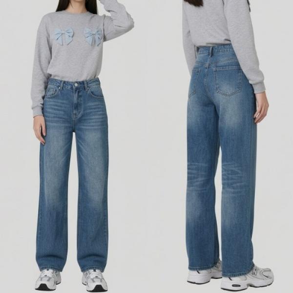 여성 데일리핏 워싱 롱기장 와이드 데님팬츠