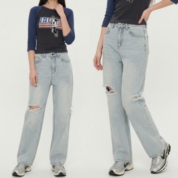 여성 데미지 포인트 슬림 스트레이트 데님팬츠 -XL까지