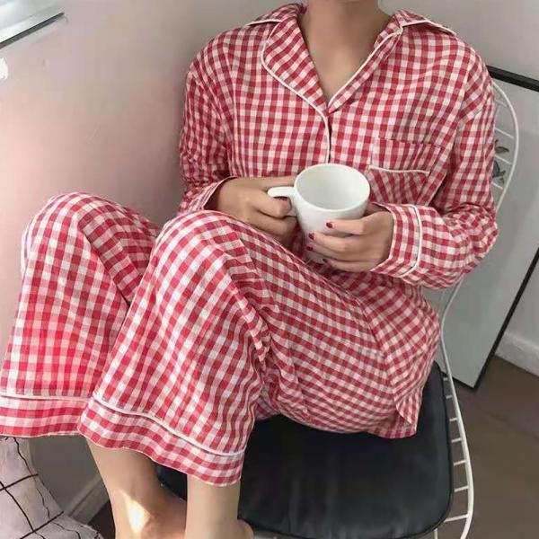 여성 간편 홈웨어 체크무늬 패턴 데일리 카라 잠옷 상하의 세트