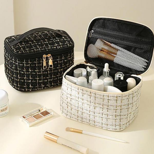 여성 여행 외출 트위드 스타일 사각 핸들 메이크업 화장품 수납 파우치