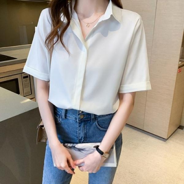 5부 퍼프소매 무지 쉬폰셔츠