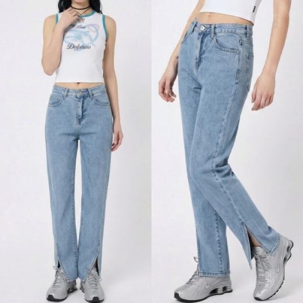 여성 사선슬릿 하이웨스트 데님 롱팬츠