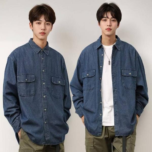 여유로운 핏 투포켓 데님 단추 셔츠 딥한 컬러 캐주얼룩
