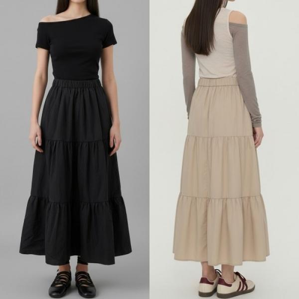 여성 바스락 체형커버 캉캉 플레어 롱 스커트