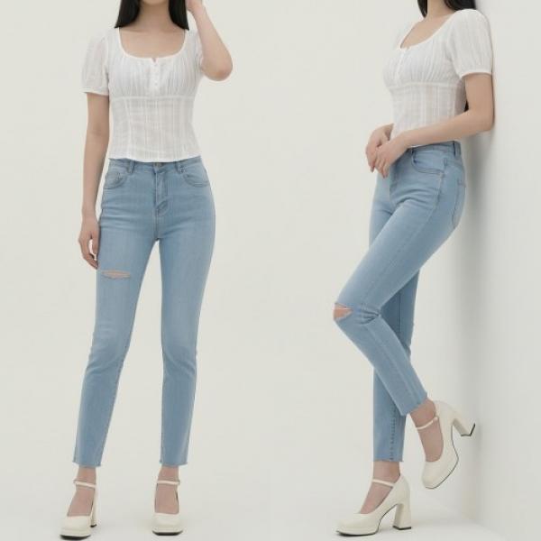 여성 라이트컷 슬림핏 뒷밴딩 스판 데님 일자 팬츠