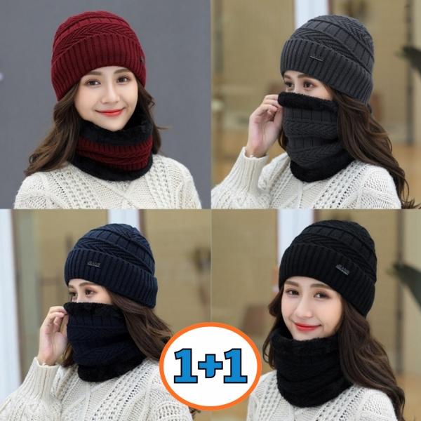 1+1 여성 겨울 넥워머 비니 모자 목도리 털모자 세트