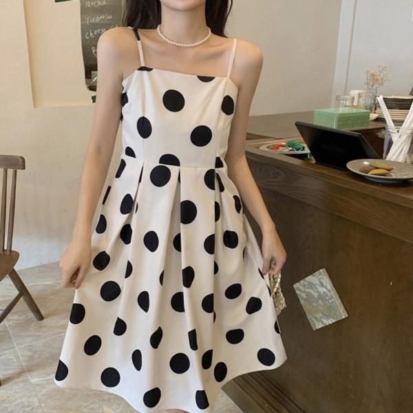 여성 여름 스타일 롱 숏 원형 도트 끈나시 원피스