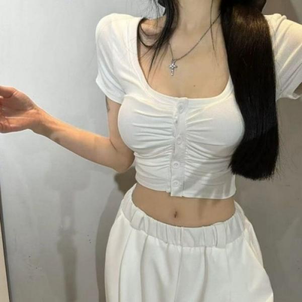 셔링 슬림 크롭 반팔티