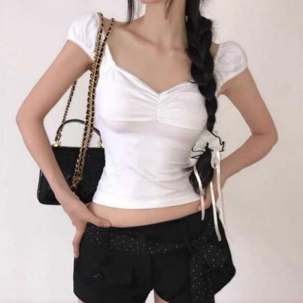 퍼프 셔링 크롭 반팔티