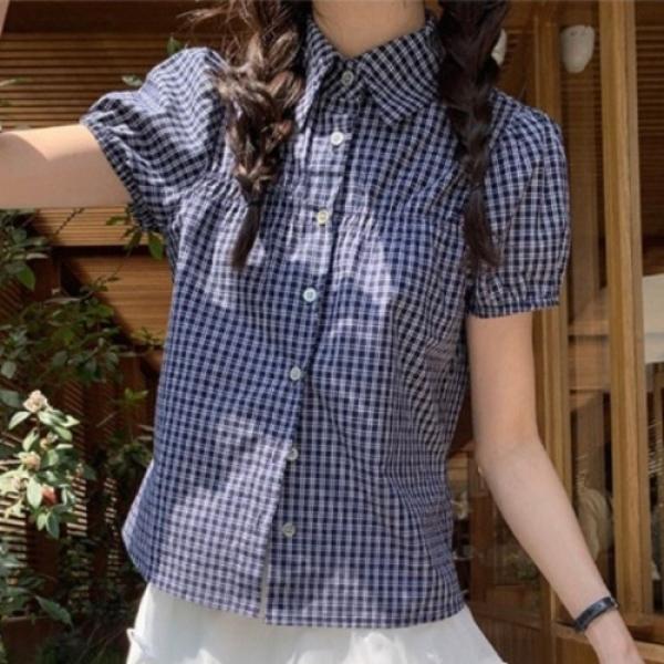 퍼프 체크 카라 블라우스