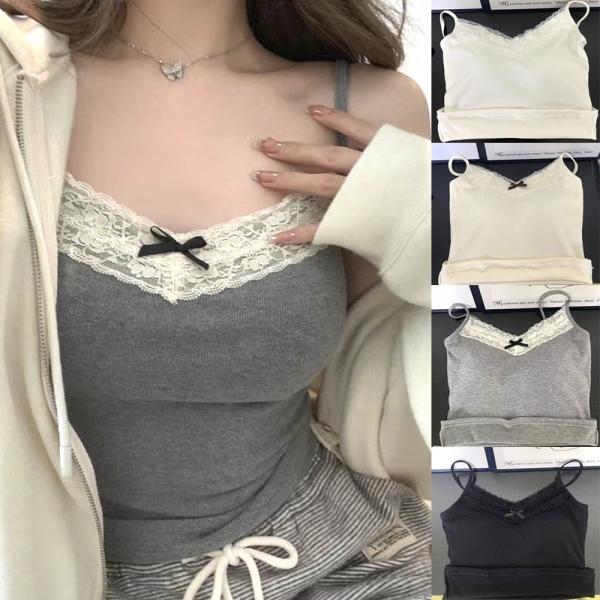 여성 레이스 리본 포인트 골지 끈나시 캡 내장 민소매