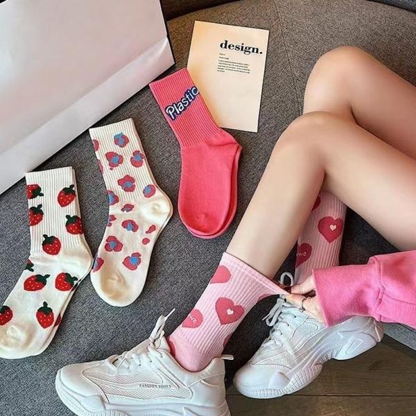 여자 학생 교복 패션 딸기 핑크 장목 양말 4종 세트