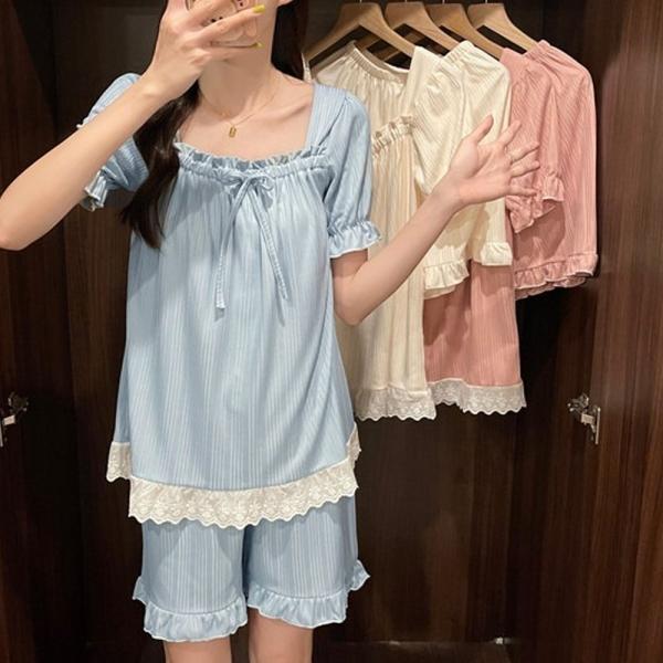 여성 프릴 실크 잠옷 파자마 반팔 반바지 세트