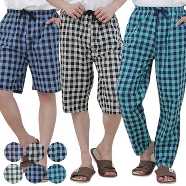 색상 랜덤발송 남성 남녀공용 체크 파자마 5부 7부 9부 여름 잠옷 반바지 밴딩팬츠 커플 린넨 아사원단 긴바지
