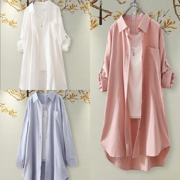여성 무지 오버핏 순면 롱 셔츠 블라우스