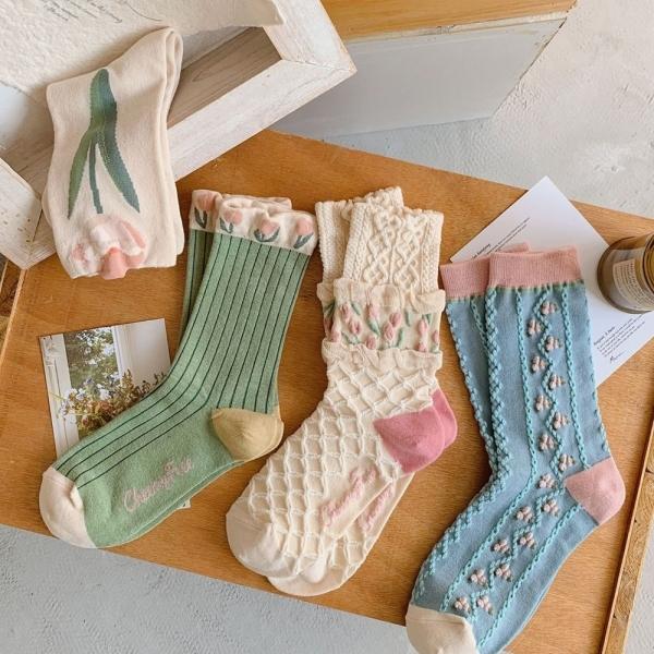 플라워 꽃 무늬 여성 패션 장목 로퍼 양말 4개 세트