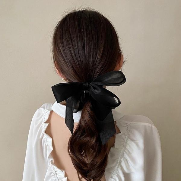 리본 바나나 핀 긴 단발 헤어 반 묶음 머리 삔 블랙