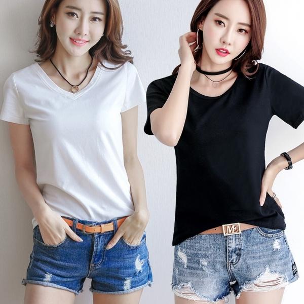 여자 기본 무지 디자인 라운드넥 브이넥 반팔 티셔츠