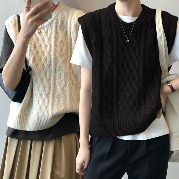 여자 꽈배기 외출 패션 두툼 신축성 라운드 베스트