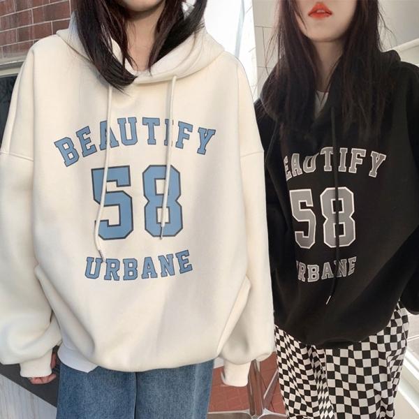 여자 겨울 외출 패션 두툼 기모 빅넘버 후드티