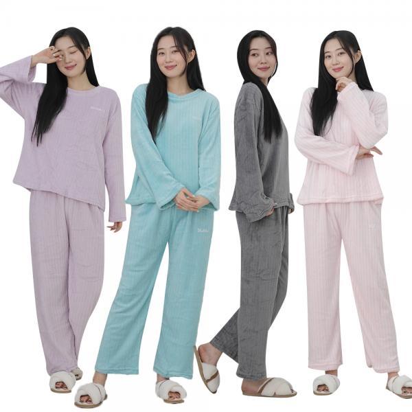 여성 천사 골지 밍크 수면 잠옷 상하 세트 밴딩 9부 레터링 팬츠 바지 컬러 여자 고급 파자마 홈웨어 라운드넥 무지 레터링 자수