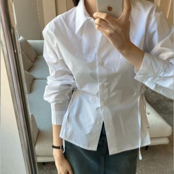 허리 리본스트링 카라 셔츠
