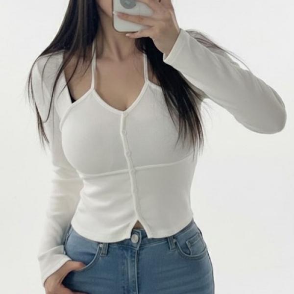 홀터 크롭 레이어드 티