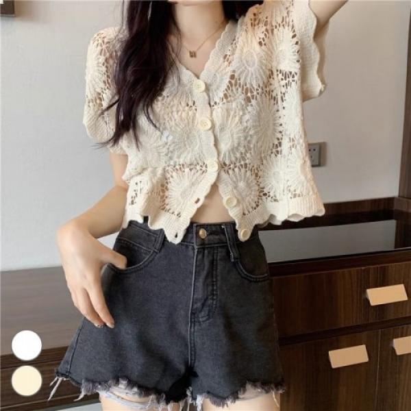 해바라기 자수 펀칭 그물 가디건 ELC-9074