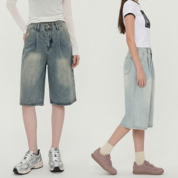 여성용 2단기장 숏/롱 워싱 핀턱 버뮤다 데님팬츠