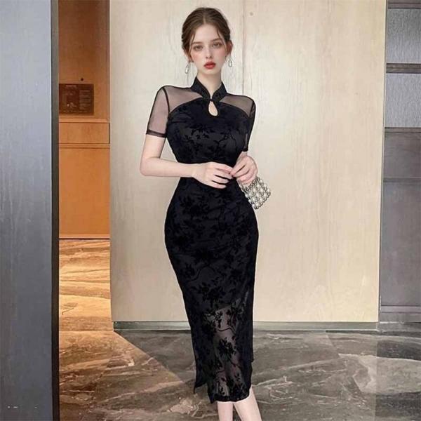 블랙 로즈 플로럴 패턴 차이나넥 시스루 치파오 원피