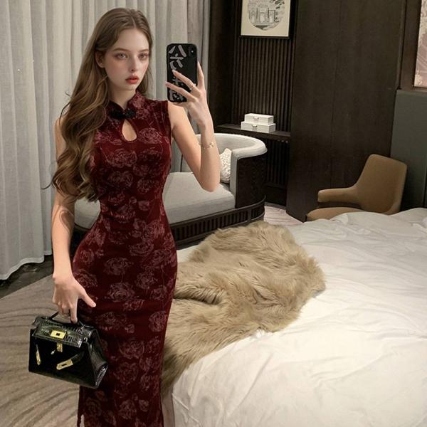 레드 로즈패턴 키홀 벨벳 치파오 원피스 교복 학생복