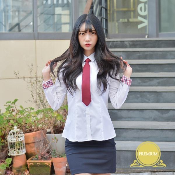 교복몰 프리미엄 스판 여성 각카라 셔츠 (빨강체크)