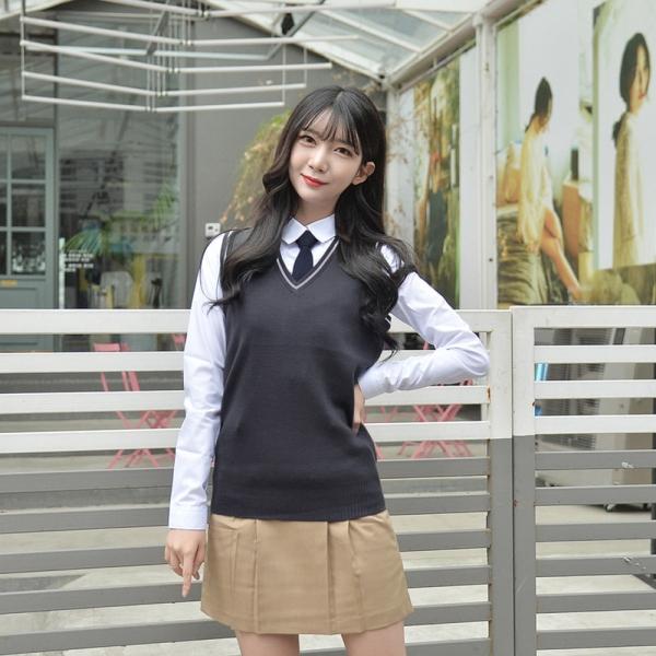 교복몰 보풀방지그레이 화이트라인 롱 교복조끼(여자)