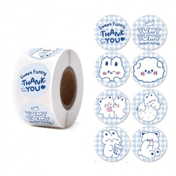 블루 체크 토끼 곰돌이 원형 스티커 500pcs 다꾸