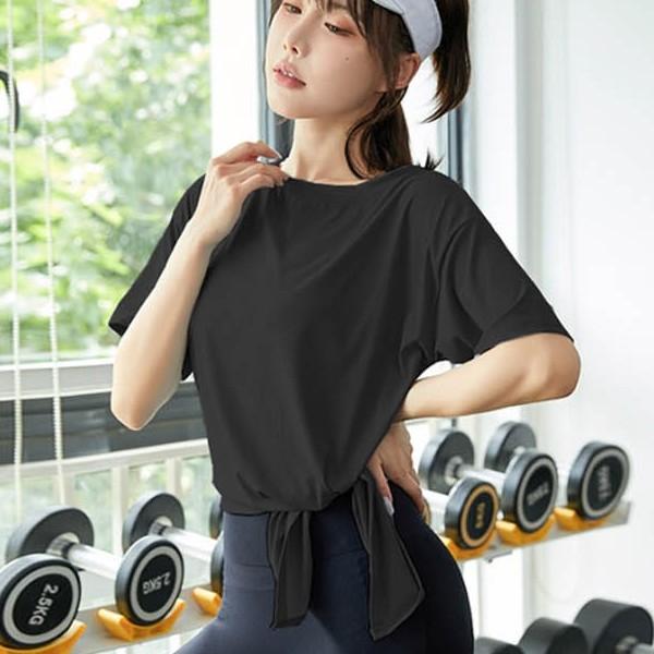 요가 상의 트임 반팔 티셔츠 묶는 요가복 스판원단