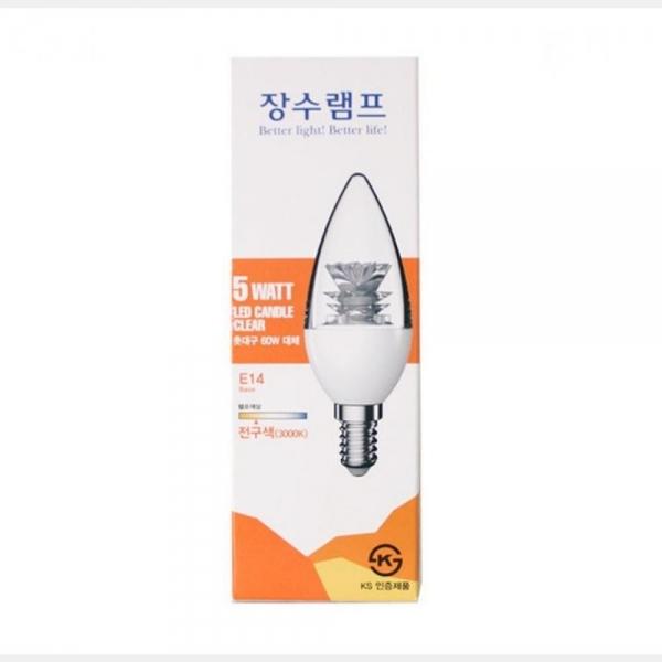 장수램프 5W LED촛대구 E14 전구색(투명)3000K