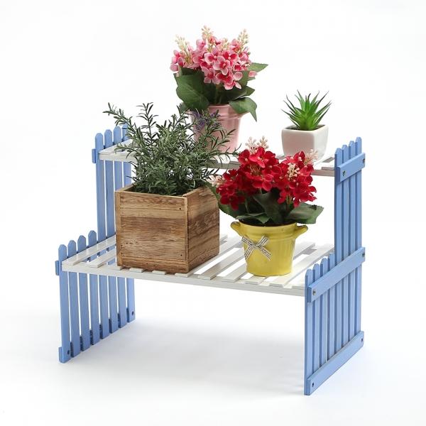 2단 대나무 화분진열대 다육이 선반(37cm 블루화이트)